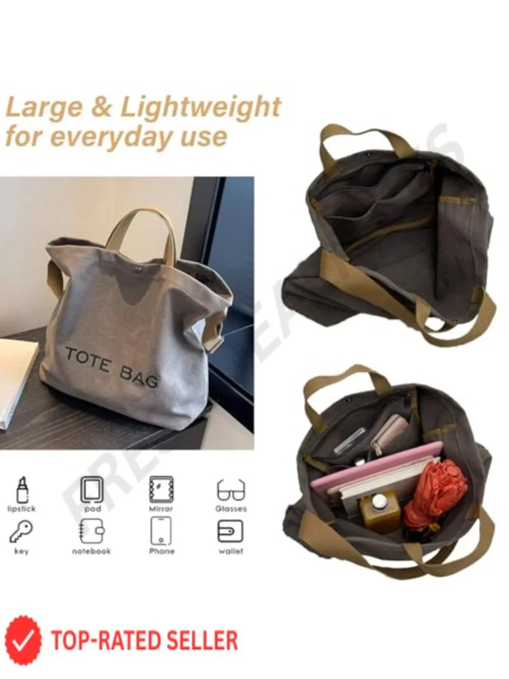 Canvas Tote Bag Large Capacity Shoulder Crossbody Handbag with Adjustable Strap